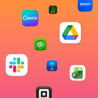 Biểu tượng của các ứng dụng hiệu suất gồm Slack, Canva, Google Workspace, Zoom, Quickbooks, Keynote, Excel, Square và Numbers trên nền đầy màu sắc.