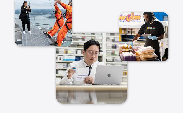 Various small businesses, including a pharmicist in a lab coat interacting with a MacBook, a bungee jumping instructor taking an iPhone photo of two people about to bungee jump and a man holding an iPad while interacting with food items.
