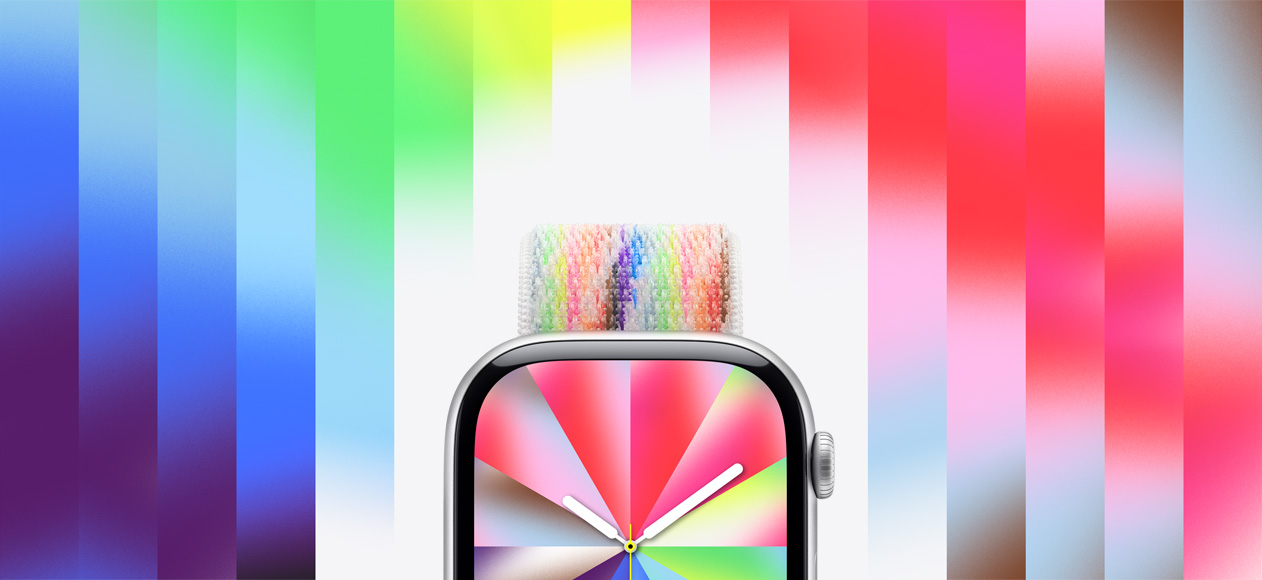 Apple Watch Series 11, Pride special edition watch face, radial (hour, minute, second hands, multicolored slices aligned with hour marks converge at center point, blurred colors), paired with Sport Loop band, special edition, Pride color (multicolored wavy pattern)
