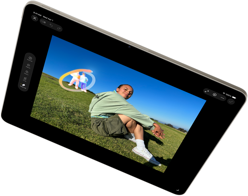 Landscape view of iPad Air showcasing Apple Intelligence with the Clean Up tool in Photos app