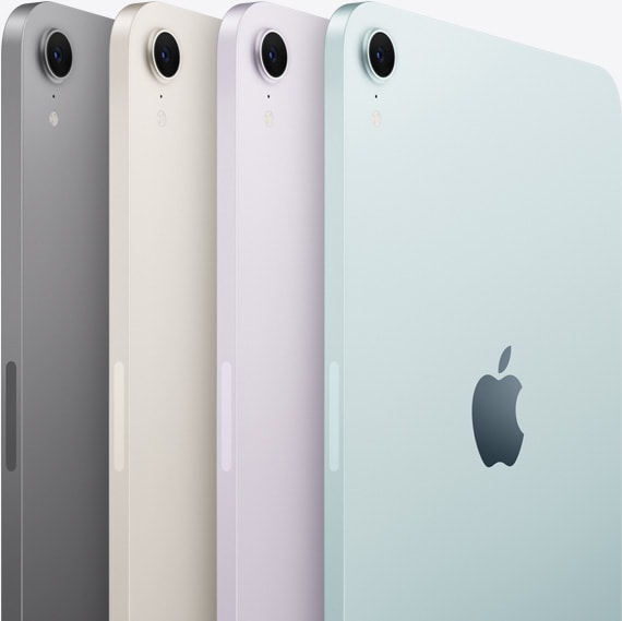 Vue arrière et présentation de l’appareil photo de quatre modèles d’iPad mini dans les couleurs disponibles : gris sidéral, lumière stellaire, violet et bleu.