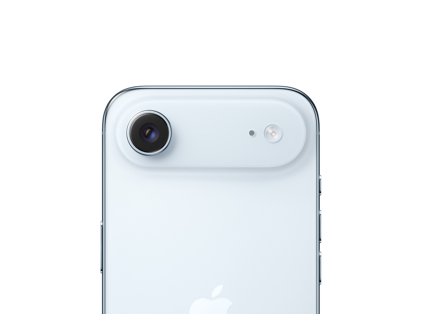 iPhone Air celeste mostrato da dietro, sistema con fotocamera principale Fusion sul pannello in rilievo nella parte superiore