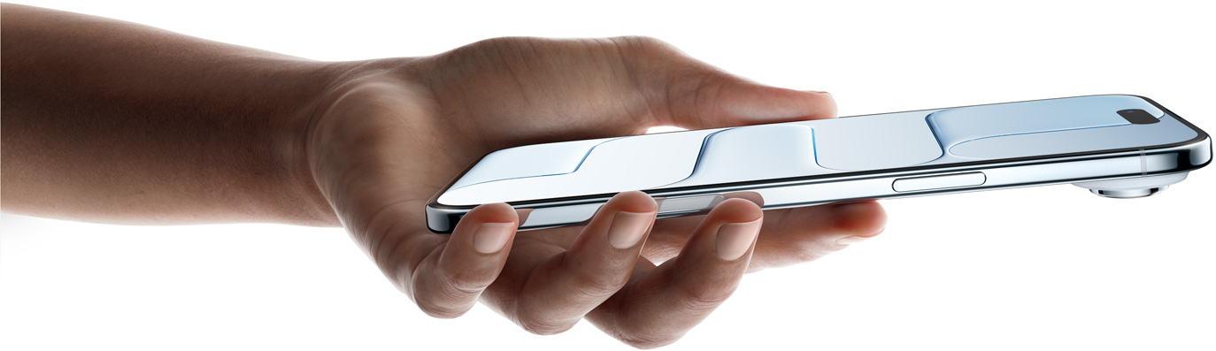 A hand holding iPhone Air, front exterior, side exterior, Sky Blue color, very thin profile, Dynamic Island, buttons: side, Camera Control