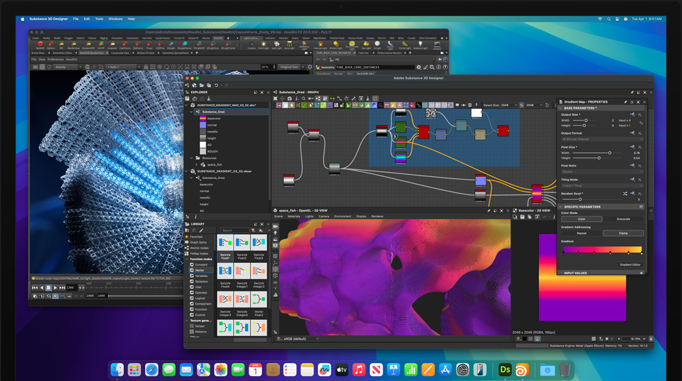 Écran affichant les applications Adobe Substance 3D Designer, Houdini et Redshift, utilisées pour faire du montage sur un Mac Studio à puce M4 Max