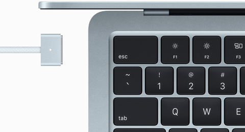 MacBook Air in Sky Blue color with color-matched MagSafe cable
