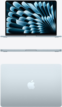 Vorderansicht und Draufsicht auf ein MacBook Air in Himmelblau