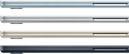 Seitenansicht von vier MacBook Air Laptops in vier verschiedenen Farben
