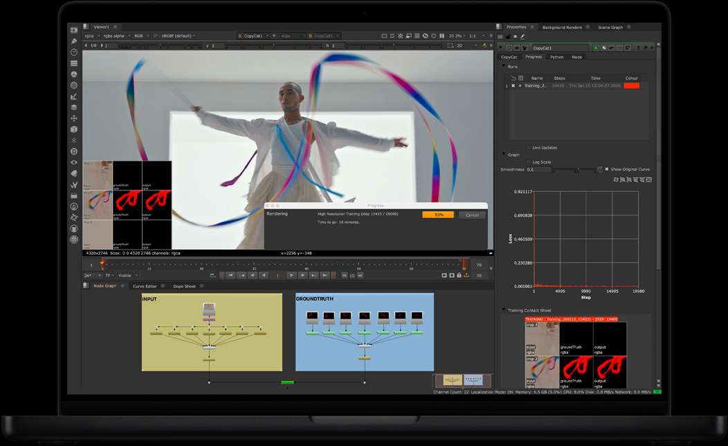 Ekran MacBooka Pro przedstawiający proces montażu wideo w aplikacji NukeX