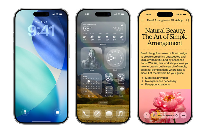 iPhone-enheter vises side om side med ulike nye designelementer i iOS, som låst skjerm med gjennomsiktig Liquid Glass-klokke og en Hjem-skjerm med gjennomskinnelige appsymboler i Liquid Glass.