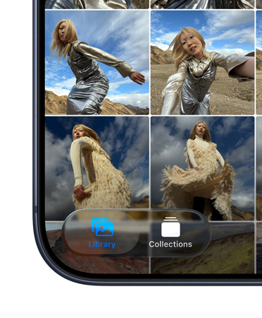 Nede i venstre hjørne på iPhone-skjermen vises en Bilder-apprute med fanene Bibliotek og Samlinger i den nye Liquid Glass-designen.