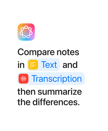 Notater i tekst og avskrifter sammenlignes og forskjellene oppsummeres. Ordene «Text» og «Transcription» vises i blått, slik de blir i Snarveier-appen.