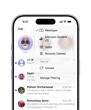 De øverste to tredjedelene av iPhone-skjermen viser Meldinger-appen med den nye filtreringsfunksjonen som siler ukjente numre til en seksjon kalt Ukjente avsendere.