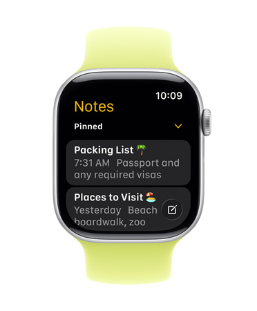 Apple Watch Series 11，錶面展示備忘錄 app 和兩個已釘選的備忘錄