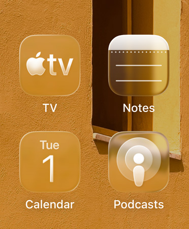 Grid of four translucent app icons, the Apple TV app, Notes, Calendar, and Podcasts, refract the background