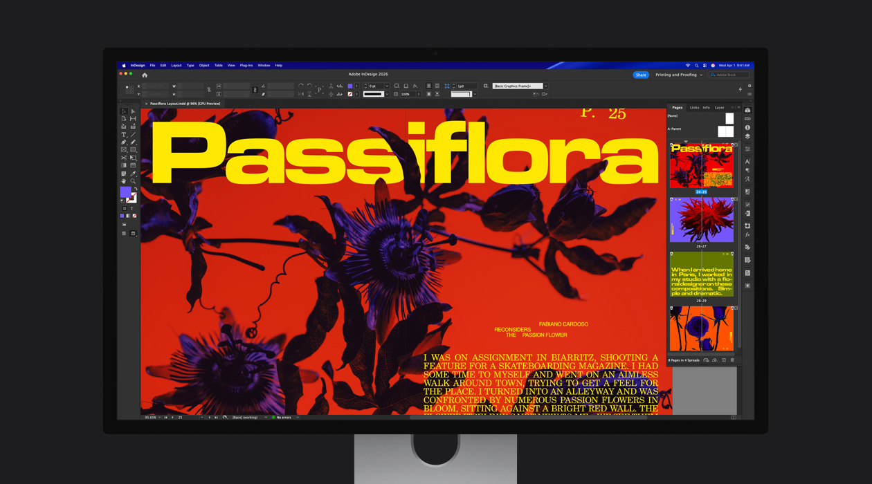 In un file Adobe InDesign 2026, la doppia pagina di una rivista dai colori accesi mostra l’ampia gamma cromatica degli spazi P3 + Adobe RGB