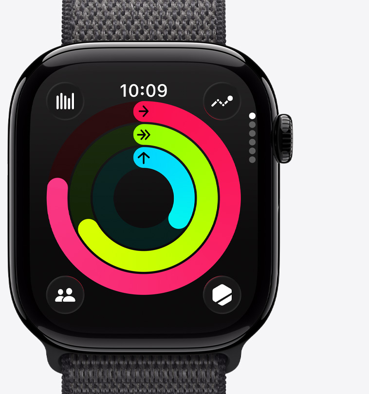 Apple Watch Series 11, aluminum case, polished jet black color, Activity rings: move, exercise, stand, Digital Crown, band, dark gray Sport Loop