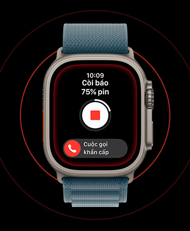 Apple Watch Ultra 3, natural color, titanium case, activated Siren screen, stop and SOS Emergency Call buttons, band, anchor blue Alpine Loop