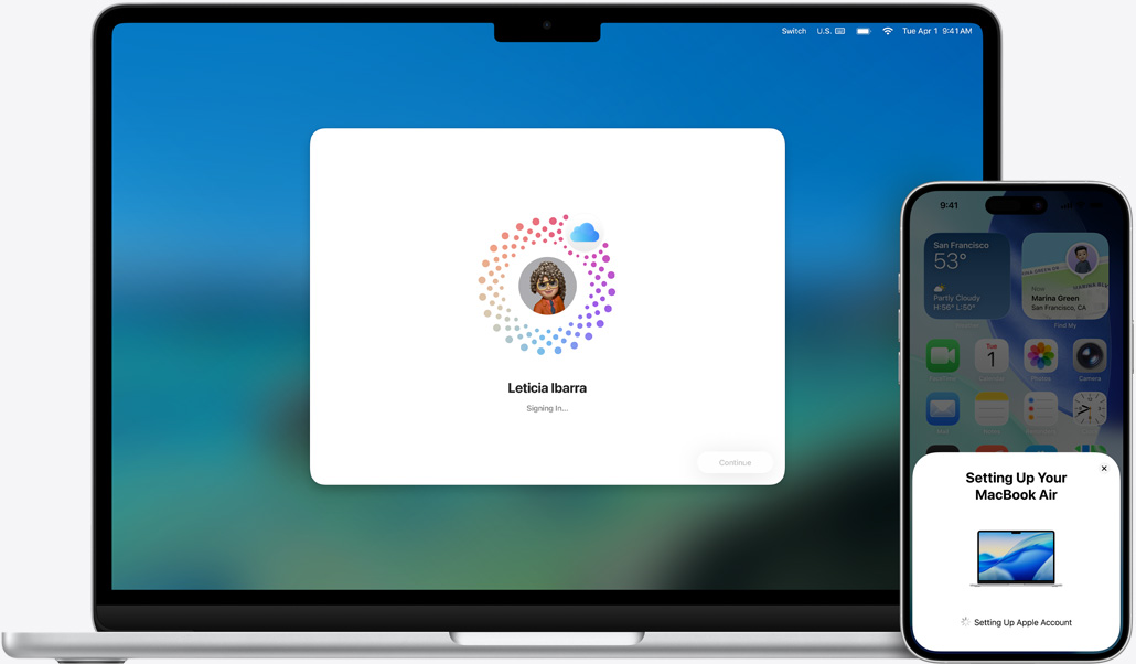 MacBook Air 13 inch và iPhone 16 Plus, macOS đang cài đặt trên MacBook, iPhone hiển thị lời nhắc thiết lập