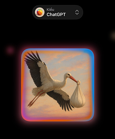 Image Playground với menu thả xuống ở trên cùng hiển thị nội dung Phong Cách: ChatGPT, hình ảnh một con cò đang bay, mang theo một em bé trong bọc vải